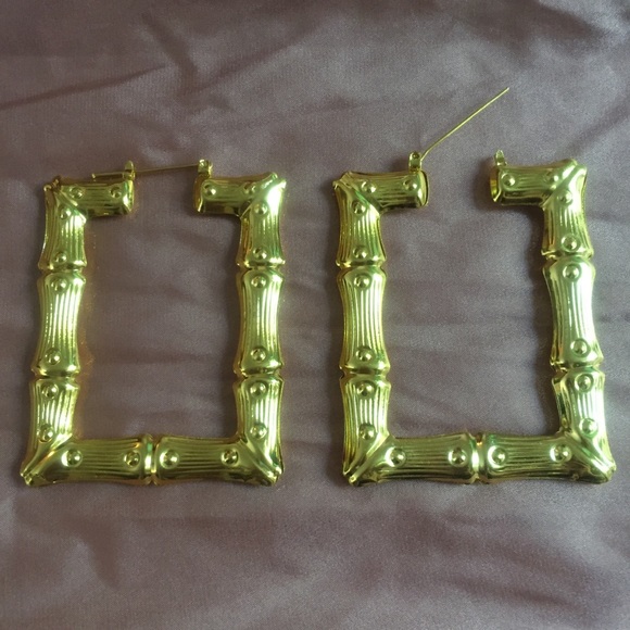 🎋 Lovely Oversized Hollow Rectangle Jointed Bamboo Metallic Statement Hoops 🎋 - Picture 2 of 4